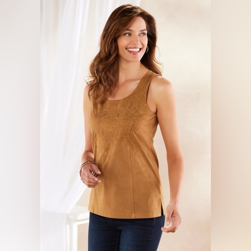 Soft Surroundings Women’s Tan Faux Suede Embroidered Blouse Tank Size L NWT